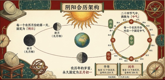 一張探討傳統節日日期查詢底層天文機制的陰陽合曆架構圖,詳細圖解月相朔日定義、二十四節氣中氣定月原則,以及農曆平年與閏年的天數差異。