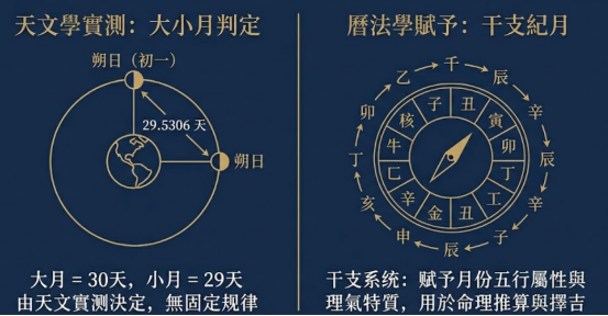 一張解析農曆特殊日期與月份底層邏輯的對照圖,左側展示由天文實測(朔望月29.5306天)決定的農曆大小月規則,右側展示賦予月份五行理氣的干支紀月羅盤。