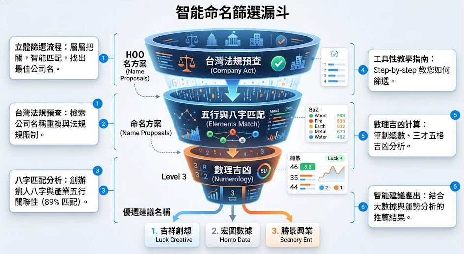 一張公司命名工具與指南的篩選漏斗圖,展示從台灣法規預查、五行八字匹配到數理吉凶計算的三階段企業命名標準化流程。