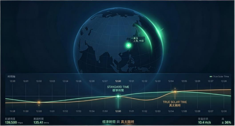 一張為新生兒取名工具設計的天文時間校正數據圖,展示地球經緯度定位,並透過圖表直觀對比標準時間與真太陽時的物理誤差,強調八字排盤的絕對精確性。