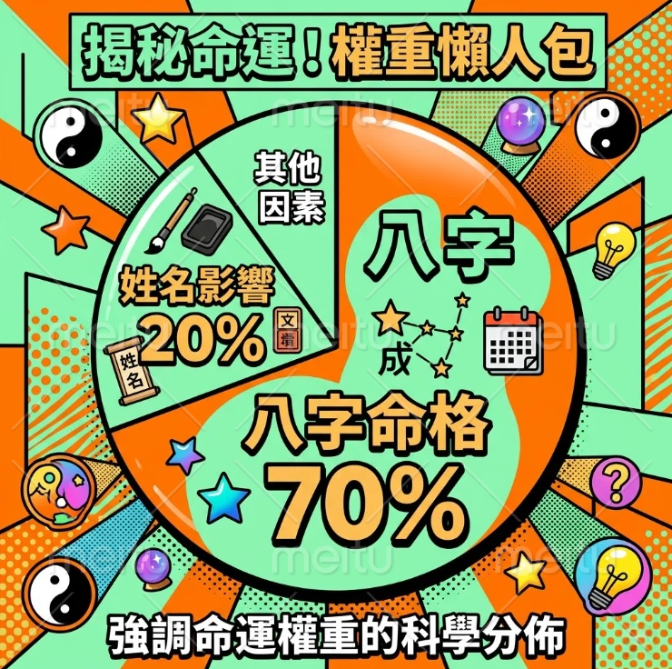 一張探討改名測算邏輯的命運權重圓餅圖,直觀顯示先天八字命格佔據 70% 的絕對影響力,而後天姓名影響則佔 20%,藉定理性的權重分佈釐清改名的實際輔助效益。
