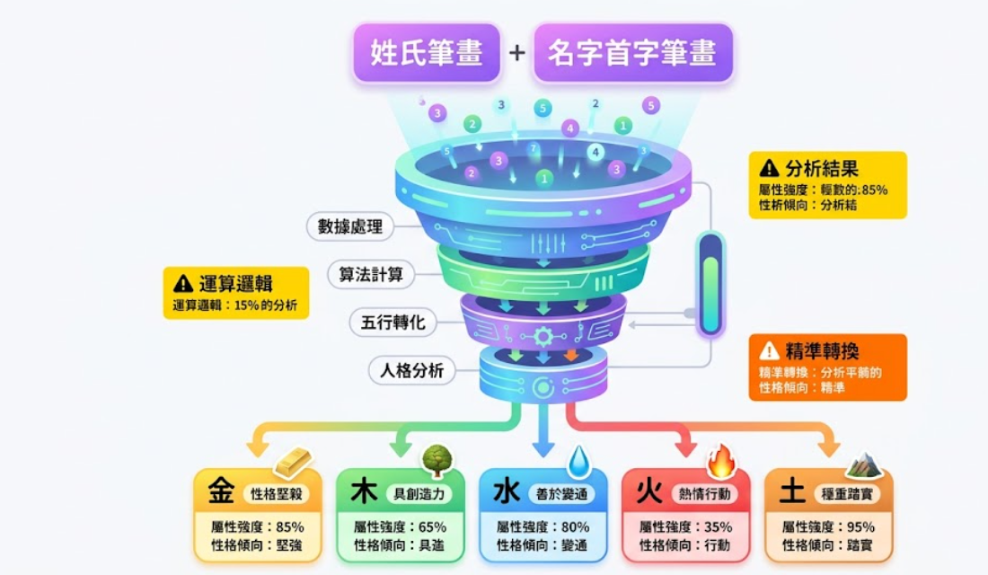 這是一張深度解析姓名配對運算邏輯的專業資訊圖表,展示如何將姓氏與名字首字筆畫輸入智能漏斗中,歷經數據處理、算法計算與五行轉化後,精確輸出金木水火土的人格特質與專屬屬性強度,以生命數據科學視角徹底摒棄傳統迷信,為使用者提供最客觀理性的命理分析標準結果。