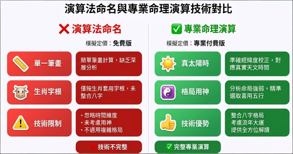 這是一張為取名服務推薦專屬設計的現代產品定價對比圖,左側紅色區塊解析免費演算法命名僅依賴單一筆劃與生肖字根的技術限制;右側綠色區塊則詳細展示專業付費命理演算如何透過真太陽時經緯度校正與八字格局用神分析,提供具備生命數據科學底層運作邏輯的完整優勢基準。