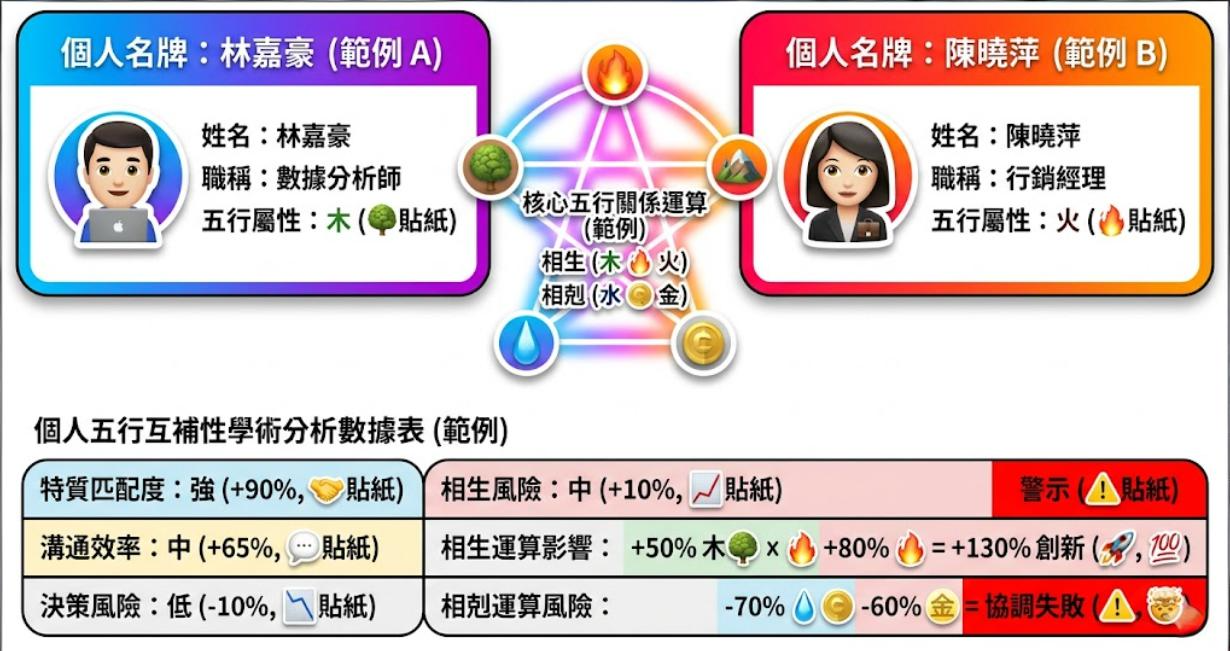 這是一張專為配對衍生測試設計的職場人際五行互補性學術分析圖表,畫面上半部透過核心五行關係運算模型對比木火屬性員工,下半部則將特質匹配度、溝通效率與決策風險轉化為精確的百分比量化指標,徹底摒棄傳統算命迷信,以客觀生命數據科學建立嚴謹的風險評估基準模型。