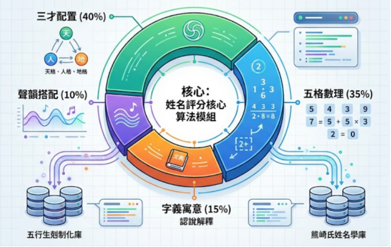 姓名評分測算是一款將命理轉化為量化指標的評估工具。圖表展示核心算法模組權重:三才配置佔百分之四十、五格數理佔三十五、字義寓意十五與聲韻搭配十,並串接五行生剋與熊崎氏學庫,以嚴謹底層邏輯摒棄迷信,建立客觀理性的生命數據科學標準模型與專業運算分析總架構。