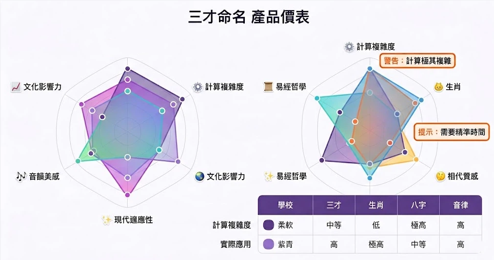 姓名學入門與工具是一套將傳統命名派別轉化為量化指標的決策系統。本圖表透過雙雷達圖與數據表格,嚴謹對比三才、生肖、八字與音律等學派在計算複雜度及現代適應性上的具體差異。我們以生命數據科學客觀視角徹底摒棄玄學迷信,為您提供最清晰且具備邏輯性專業評估基準。