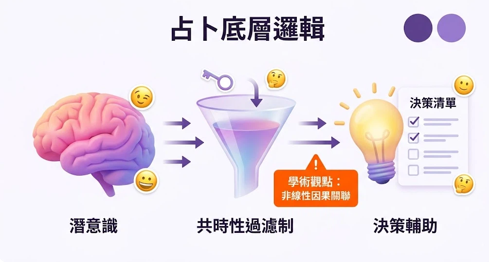 占卜入口與總覽是一套奠基於心理學與共時性原理,將潛意識轉化為具體決策輔助清單的科學化命理導航樞紐。本圖表以薰衣草紫主色嚴密拆解占卜底層邏輯,畫面由左側潛意識大腦出發,透過漏斗的共時性過濾制精確運算,最終完整導出具備非線性因果關聯學術觀點的決策輔助指南。