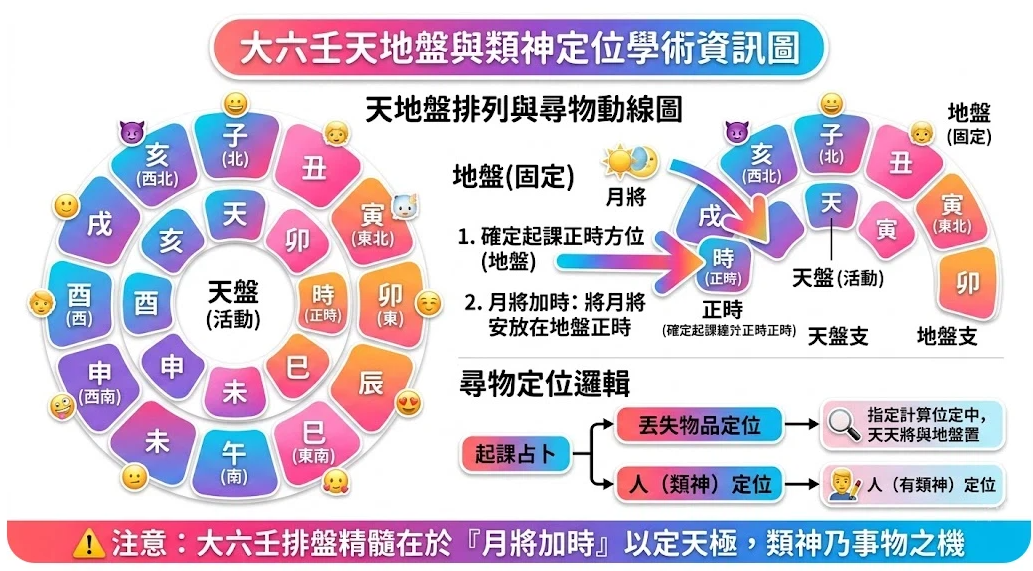 生活雜事占卜是一套將日常突發狀況轉化為大六壬天地盤客觀數據的決策系統。本圖表嚴謹拆解月將加時與類神定位的學術邏輯,透過固定地盤與活動天盤的交互運算,精確展示尋物動線與人事物定位法則,徹底摒棄傳統迷信,為您提供最專業且具科學依據的命理分析決策基準模型。