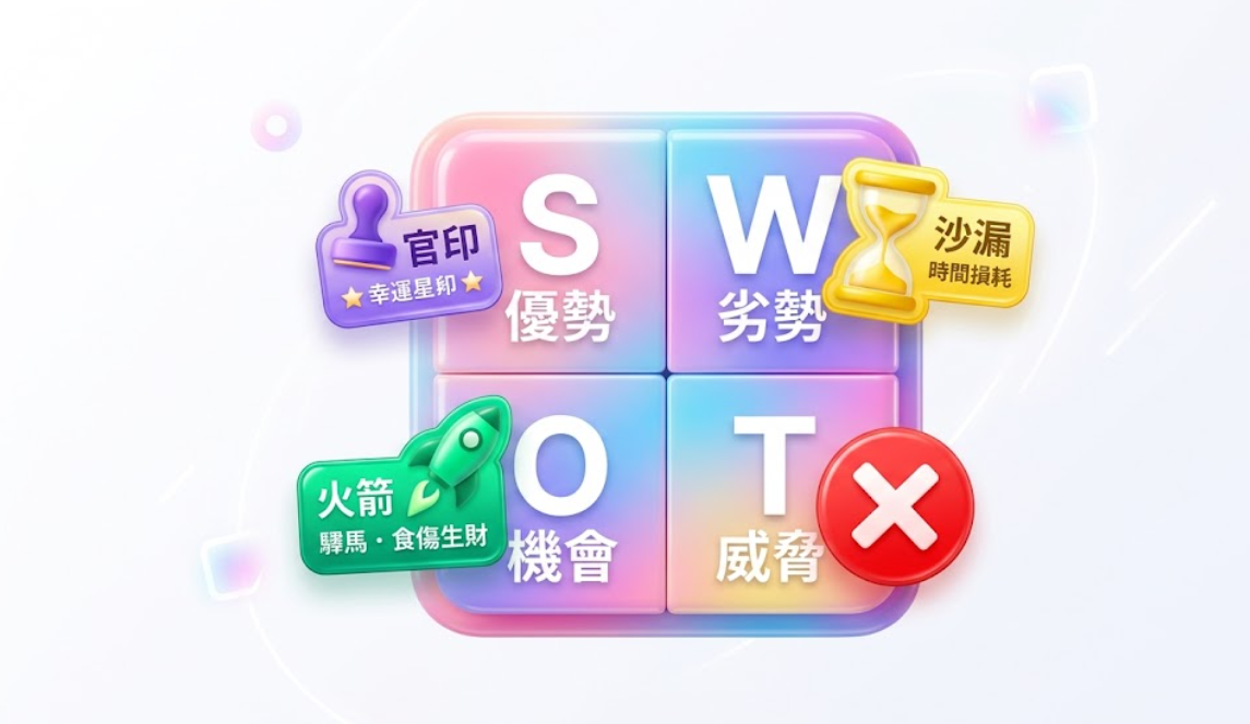 工作運勢占卜是一套將八字神煞轉化為職場競爭力指標的決策系統。本圖表嚴謹結合 SWOT 矩陣,透過官印、沙漏、火箭與威脅指標,精確量化優勢、劣勢、機會與威脅。以生命數據科學視角徹底摒棄玄學迷信,為您建立客觀理性的職涯發展評估標準,提供最專業且具邏輯依據的命理分析基準模型。