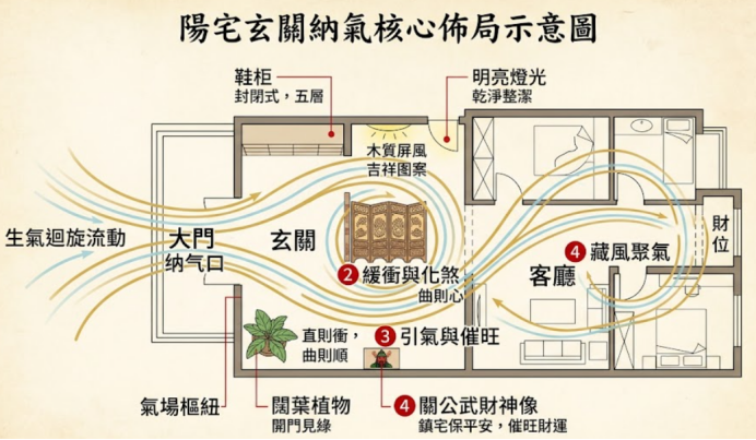 一張陽宅玄關納氣核心佈局平面圖,展示大門氣流如何透過木質屏風緩衝化煞,並搭配五層封閉式鞋櫃、闊葉植物與關公神像,最終將生氣引導至客廳財位。