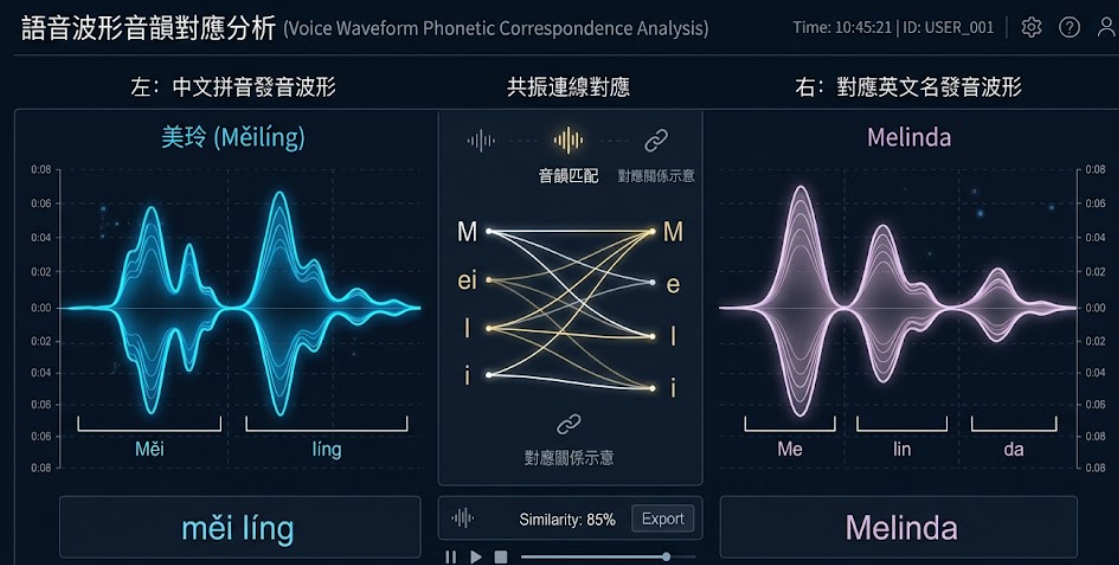 最適合的英文名是一款透過語音波形分析,將中文名音韻轉化為精確英文發音數據的測算工具。本圖表嚴謹展示「美玲」與「Melinda」的聲波共振對應,透過音韻匹配百分比量化分析,以生命數據科學視角徹底摒棄迷信,為您建立客觀理性的命名評估標準,提供最專業且具科學依據的雙語命名決策模型。