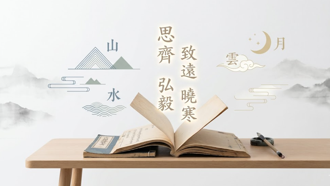 一張展現中文取名靈感的藝術圖解,以書桌上的古籍、毛筆為實景,背景融合簡約的山、水、雲、月線條,並點綴「致遠、曉寒、思齊、弘毅」等具備深厚文化意蘊的古典辭彙。