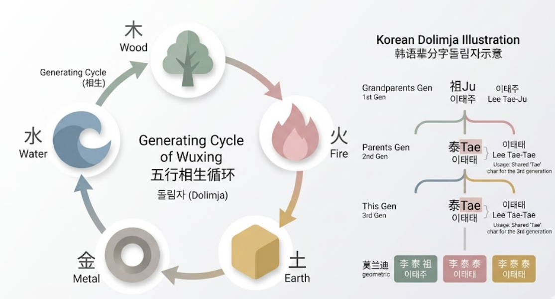 日韓名字工具是一款解析東亞命名傳統與生命數據關聯的專業系統。本圖表嚴謹展示五行相生循環(金木水火土)如何應用於韓語輩分字之家族世代傳承,透過邏輯化視角徹底摒棄迷信,為您建立精確的跨文化命名評估標準,提供最具學術依據的日韓名字決策輔助模型。