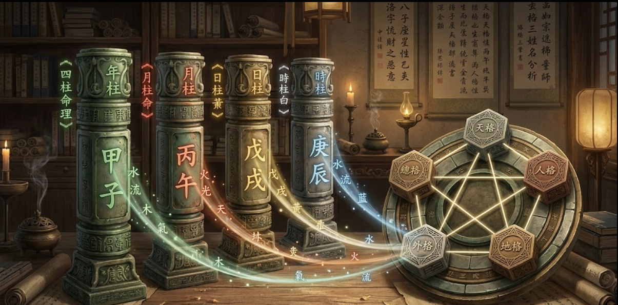 改名老師推薦是一款結合四柱命理大數據與姓名學五格演算的專業分析系統。本圖表嚴謹展示年、月、日、時四柱能量柱,透過水流與火光氣流精確轉換至天格、人格、地格等五格矩陣。以生命數據科學視角徹底摒棄迷信,為您建立客觀理性的命名變數評估標準,提供最具邏輯依據的專業改名決策輔助模型。