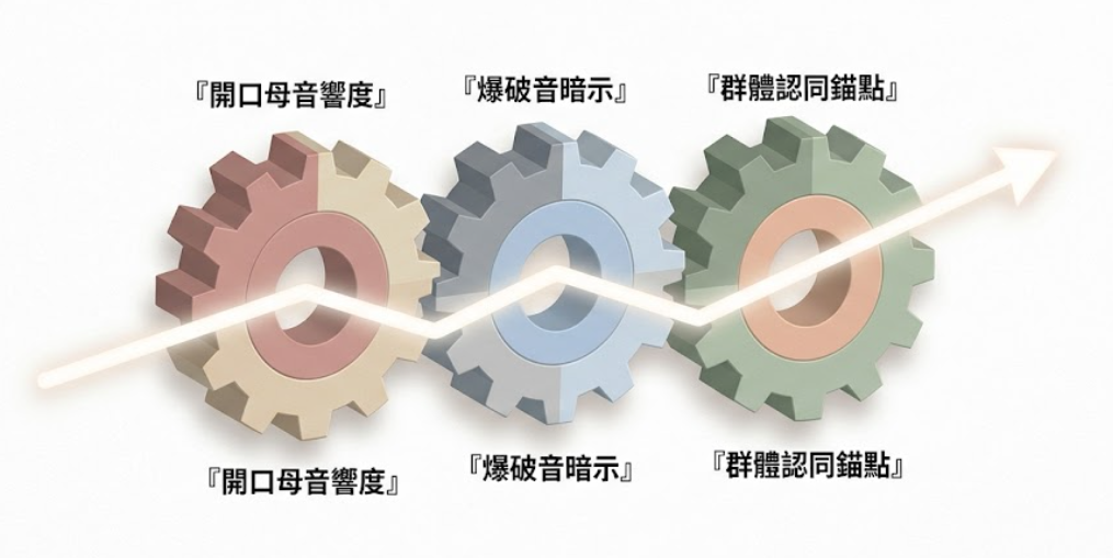 團隊與組織名稱是一套透過語言工程驅動集體認同與能量共振的決策系統。本圖表以齒輪傳動模型嚴謹拆解開口母音響度、爆破音暗示與群體認同錨點之連鎖反應,透過邏輯化視角徹底破除隨意命名的迷信感,為您建立精確的品牌識別評估標準,提供最具學術依據的組織命名決策輔助模型。