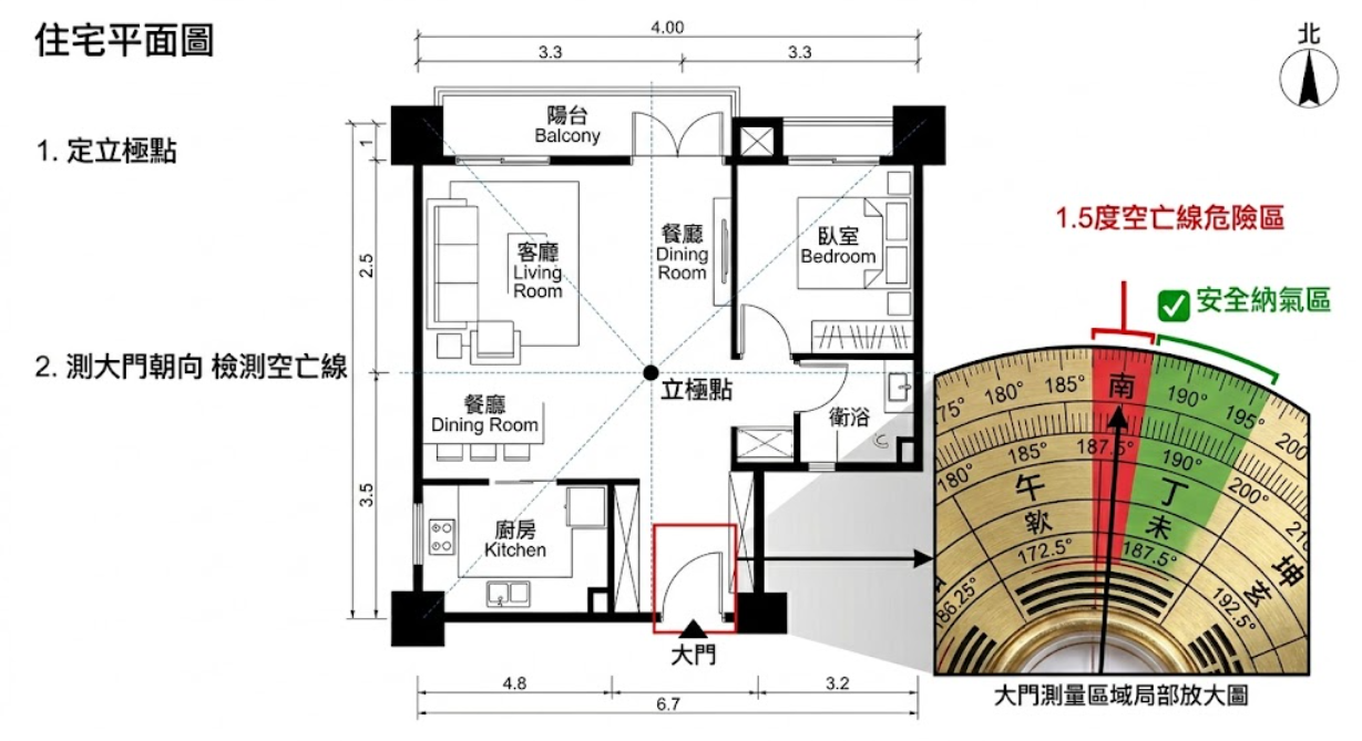 一張住宅平面勘測圖,標示了空間中心的「立極點」,並透過大門測量區域的局部放大圖,對比展示 1.5 度紅色的「空亡線危險區」與綠色的「安全納氣區」。
