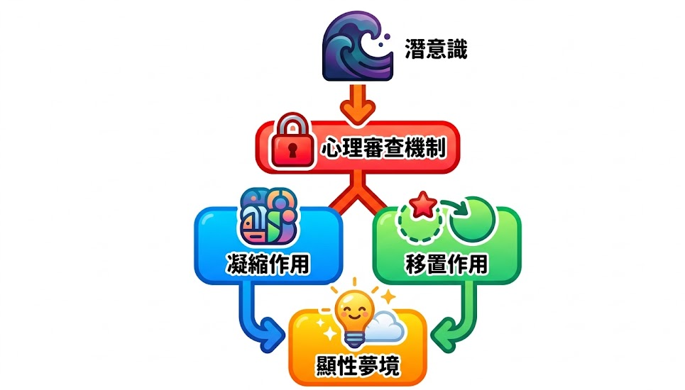 解夢查詢工具是一款將抽象夢境碎片轉化為深層心理數據的專業分析系統。本圖表嚴謹拆解潛意識歷經心理審查機制、凝縮作用與移置作用後轉化為顯性夢境的底層路輯,以生命數據科學視角徹底破除迷信渲染,為您建立精確的潛意識解碼標準,提供最具邏輯依據的解夢查詢與輔助評估模型。