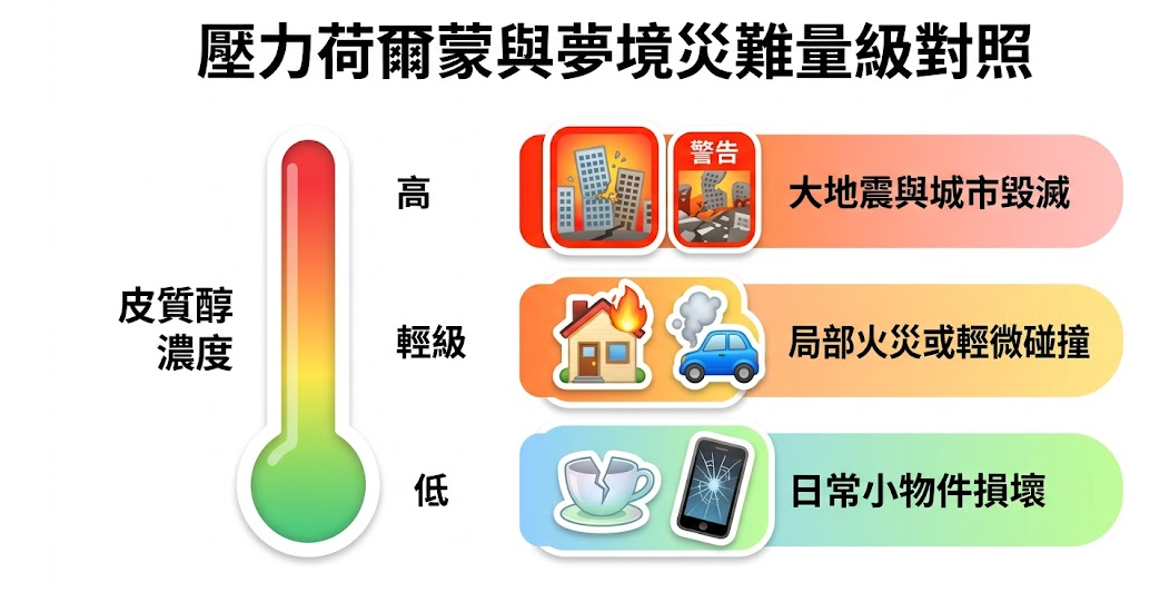夢到災難意外是一套將潛意識壓力水平轉化為生理監測指標的分析系統。本圖表嚴謹對比皮質醇濃度與夢境災難量級,從日常物件損壞到城市毀滅,以生命數據科學視角徹底破除迷信渲染,為您建立精確的心理壓力評估標準,提供最具學術依據的解夢查詢與輔導評估模型。