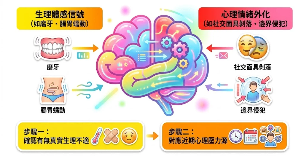 夢到身體/場景是一套將生理回饋與心理壓力轉化為視覺意象的解碼系統。本圖表嚴謹拆解磨牙、腸胃蠕動等生理信號,以及社交面具剝落、邊界侵犯等心理外化數據,以生命數據科學視角徹底破除迷信,為您建立精確的壓力來源評估標準,提供最具邏輯依據的解夢查詢與輔導輔助模型。