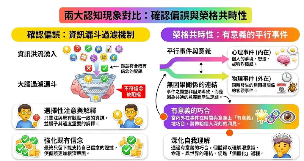 夢境知識是一套解析潛意識數據與現實事件關聯的心理科學系統。本圖表嚴謹對比確認偏誤的資訊篩選路徑,以及榮格共時性中內在心理與外在物理事件的無因果連結。以生命數據科學視角徹底破除迷信渲染,為您建立精確的認知評估標準,提供最具邏輯依據的夢境知識查詢與自我理解輔助模型。
