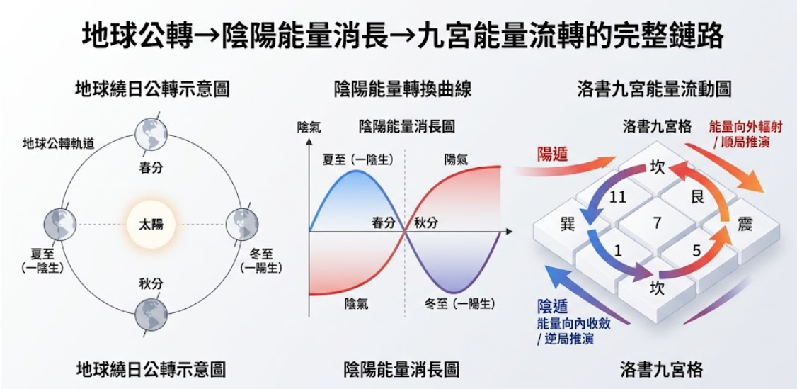 奇門遁甲綜合是一套將地球公轉天文數據轉化為時空能量場指標的精密運算系統。本圖表嚴謹拆解春分、夏至等節氣帶動的陰陽能量消長,並導向洛書九宮的陽遁與陰遁流轉路徑。以生命數據科學視角徹底破除迷信渲染,為您建立精確的環境能量評估標準,提供最具邏輯依據的奇門遁甲決策輔助模型。