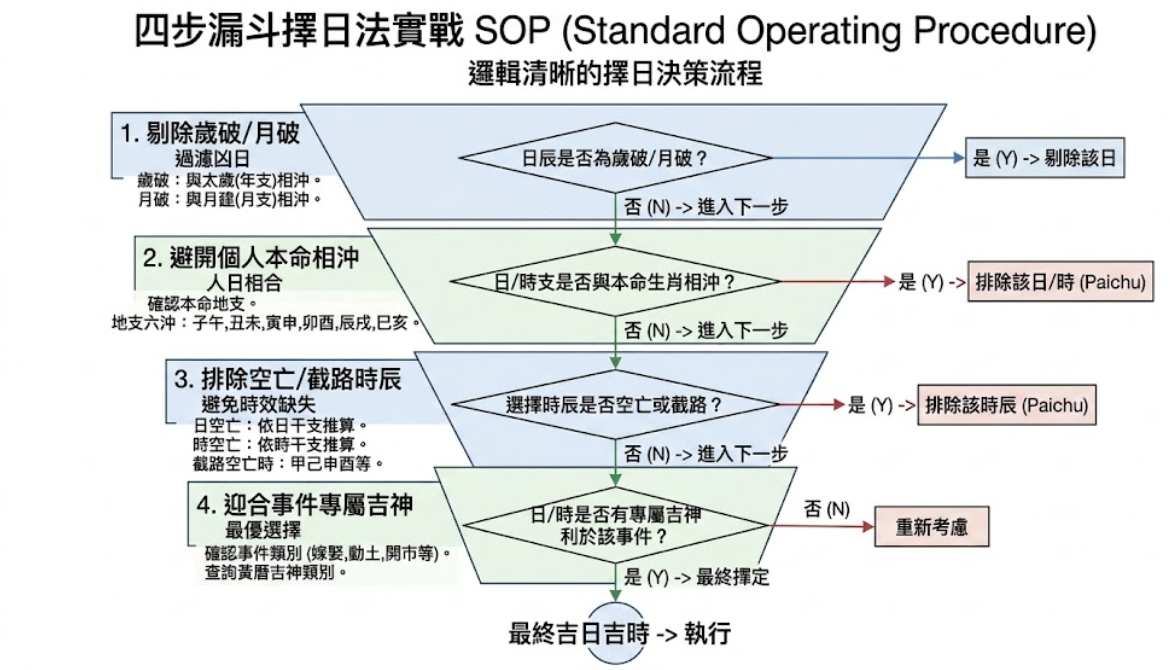 一張名為「四步漏斗擇日法實戰 SOP」的流程圖,展示從剔除歲破月破、避開本命相衝、排除空亡截路,到迎合事件吉神的四個邏輯篩選步驟,最終選定吉日吉時。