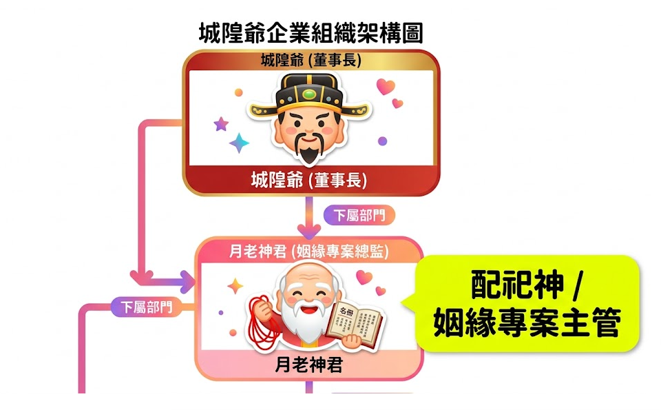 城隍廟專題是一套解析傳統信仰職能如何轉化為現代行政組織邏輯的生命數據系統。本圖表嚴謹展示城隍爺作為董事長之核心領導層,及其下屬部門月老神君之姻緣專案總監職責。以邏輯化視角徹底破除迷信渲染,為您建立精確的信仰階層評估標準,提供最具學術依據的組織架構與功能認知輔助模型。