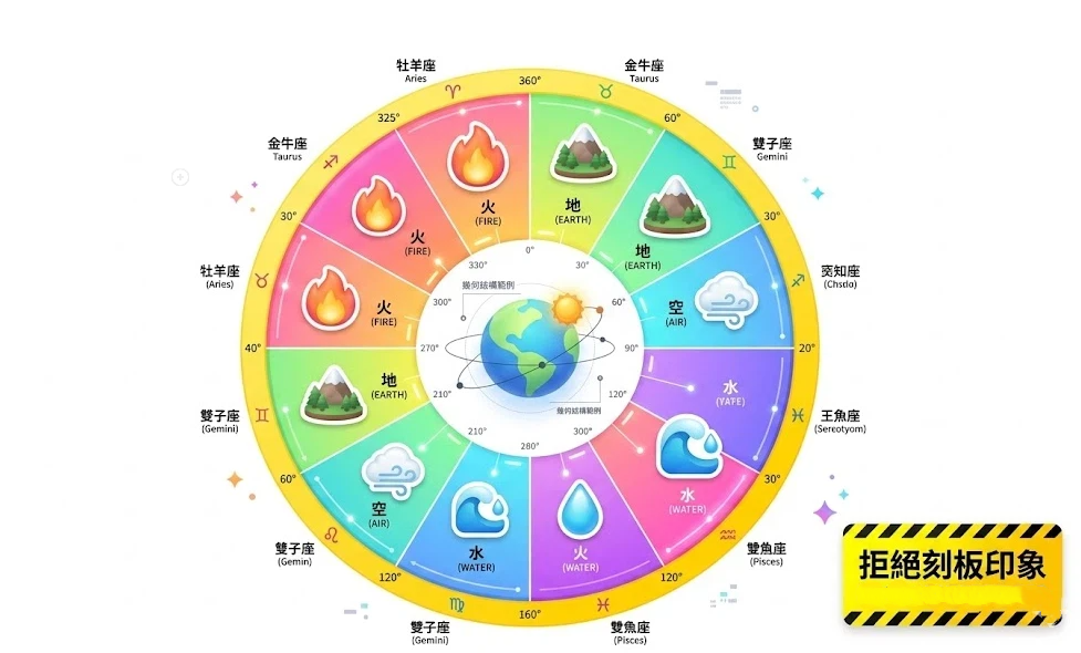 各星座專題頁是一套將黃道座標轉化為人格屬性數據的專業分析系統。本圖表嚴謹展示火、地、風、水四元素在 360° 幾何結構中的分佈與演進,強調拒絕刻板印象的科學分析立場。以生命數據科學視角徹底破除迷信,為您建立精確的星座特質評估標準,提供最具學術依據的各星座專題研究輔助模型。