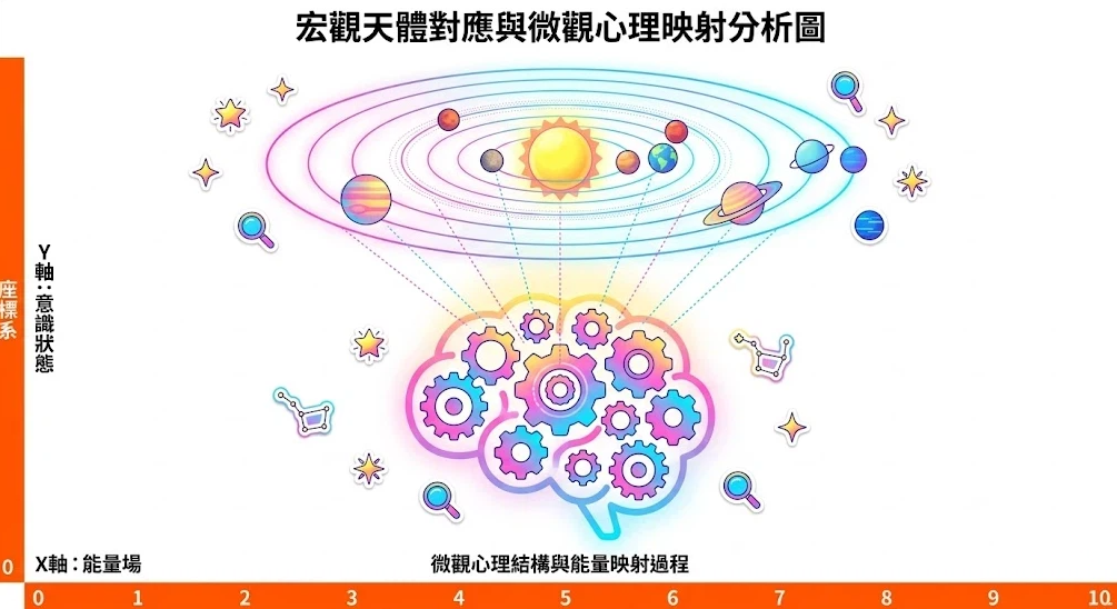 專業占星內容是一款將天體運行數據轉化為人格心智指標的科學分析系統。本圖表嚴謹展示太陽系行星軌道如何透過能量映射路徑，驅動個體大腦內部的意識狀態演算。以生命數據科學視角徹底破除迷信渲染，為您建立精確的心理特質評估標準，提供最具邏輯依據的專業占星研究輔助模型。