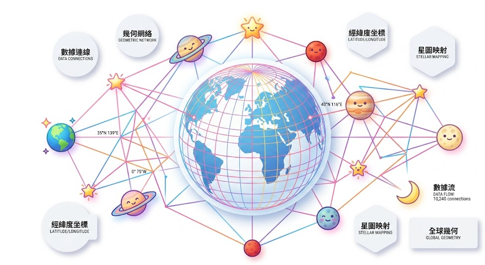这张展示数字化星盤工具概念的插图,以带有经纬度网格的地球为中心,通过五彩线条连接着带有可爱表情的行星与星星,周围分布着“星圖映射”、“幾何網絡”及“數據連線”等功能标注,形象地诠释了全球几何定位与天文数据流分析的融合应用。