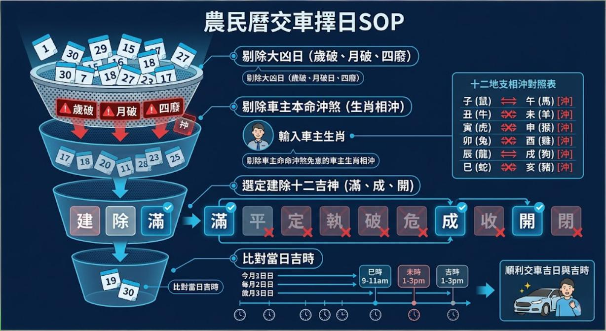 一張農民曆交車擇日 SOP 漏斗圖,展示透過「剔除大凶日」、「避開車主生肖相沖」、「選定建除十二吉神(滿、成、開)」與「比對當日吉時」四個標準化步驟,篩選出最佳交車時辰。