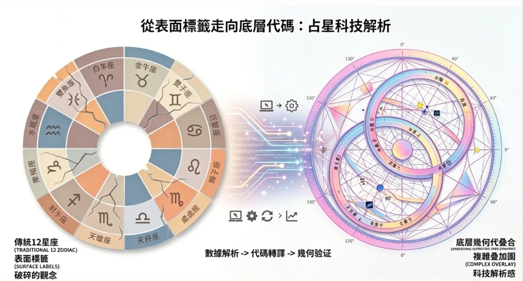 这张示意图展示了占星学从表面到深层的技术演变，左侧是代表传统十二星座及表面标签的彩色圆盘，通过中间的“数据解析”与“代码转译”过程，连接到右侧复杂的底层几何叠加图，以此说明在分析配對與性格时，如何超越破碎的观念，利用科技解析手段深入挖掘复杂的星盘底层逻辑与几何验证。