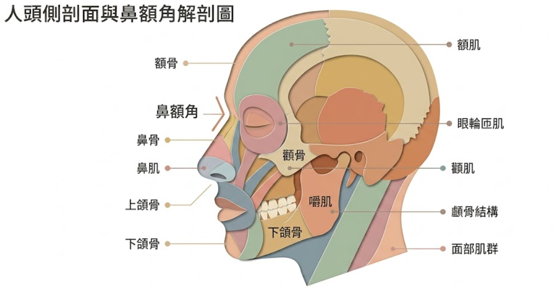 五官面相詳解是一套將面部解剖結構轉化為人格特質與生命能量指標的專業分析系統。本圖表嚴謹展示鼻額角、額骨、顴骨及面部肌群之側剖面空間關係。以生命數據科學視角徹底破除迷信渲染，為您建立精確的生理特徵評估標準，提供最具邏輯依據的五官面相詳解查詢與決策輔助模型。