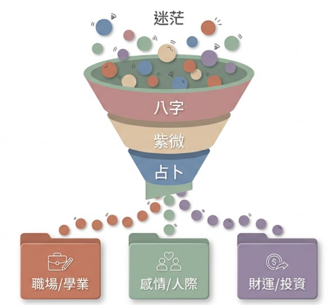 算命首頁與入口是一套將個體不確定性轉化為結構化決策建議的生命數據分析系統。本圖表嚴謹展示資訊過濾漏斗路徑,透過八字、紫微與占卜等核心模組演算,產出精確的職場、感情與財運分流數據。以邏輯化視角徹底破除迷信渲染,為您建立精確的諮詢評估標準,提供最具學術依據的算命首頁導引與決策輔助模型。