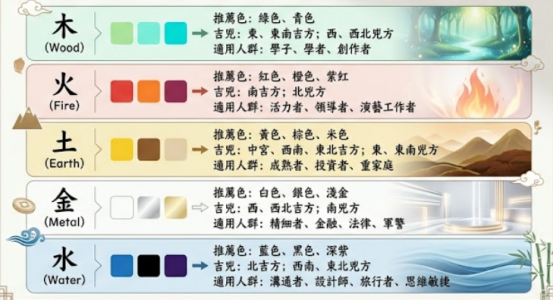 一張五行(木火土金水)開運指南圖表,詳細列出各個五行元素對應的推薦顏色、吉凶方位,以及適合的職業領域與人群特質。