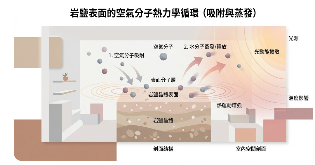 鹽燈與其他開運物是一套將自然礦物晶體轉化為環境調控指標的物理淨化系統。本圖表嚴謹展示岩鹽晶體表面的空氣分子吸附、熱運動增強與水分子蒸發釋放鏈路。以生命數據科學視角徹底破除迷信渲染,為您建立精確的空間能量評估標準,提供最具邏輯依據的鹽燈配置與決策輔助模型。