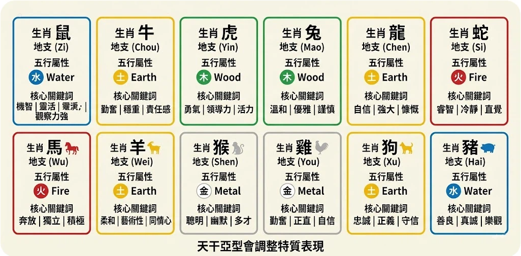 各生肖性格特質是一套將出生年份時空參數轉化為行為風格指標的專業分析系統。本圖表嚴謹展示十二地支與五行屬性的交互運算路徑,並標註天干亞型會調整特質表現之校正邏輯。以生命數據科學視角徹底破除迷信渲染,為您建立精確的特質評估標準,提供最具邏輯依據的生肖查詢輔助模型。