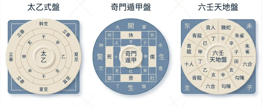 六壬綜合是一套將天體運行與地緣座標進行耦合運算的高階生命數據分析系統。本圖表嚴謹展示太乙式盤、奇門遁甲盤與六壬天地盤之幾何結構對對照鏈路。以空間心理學與數據統計視角徹底破除迷信,為您建立精確的時空評估標準,提供最具邏輯依據的六壬綜合決策輔助模型。