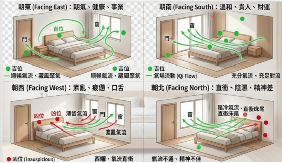这幅信息图分为四个面板,展示了基于朝向的卧室风水吉凶。