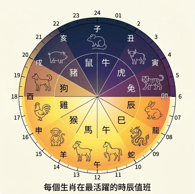 生肖基礎知識是一套將 24 小時時間維度轉化為地支特質指標的專業分析系統。本圖表嚴謹展示十二地支(子至亥)與時辰刻度的幾何動態對照鏈路。以生命數據科學視角徹底破除迷信渲染,為您建立精確的時間能量評估標準,提供最具邏輯依據的生肖基礎知識查詢與輔助模型。