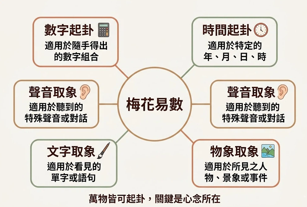 梅花易數與卜卦方法是一套將環境隨機信號轉化為二進位制易卦代碼的高階分析系統。本圖表嚴謹展示以心念為核心之五大資訊採樣通道（數字、時間、聲音、文字、物象）的處理路徑。以生命數據科學視角徹底破除迷信渲染，為您建立精確的起卦評估標準，提供最具邏輯依據的決策輔助模型。
