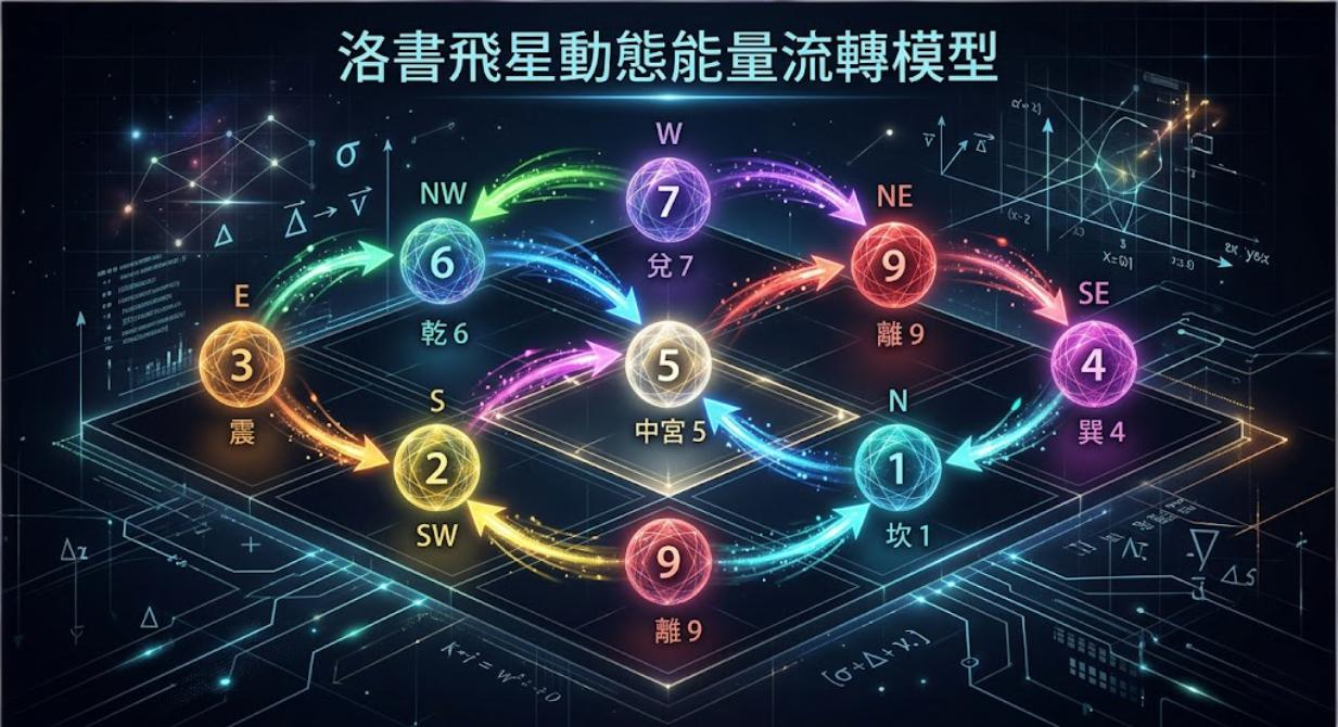 這是一張結合了傳統風水概念與現代賽博龐克科技風格的3D視覺化圖表。在深藍色、帶有微光網格與電路紋理的背景上,呈現了九個不同顏色的發光能量球體(依序標有數字1至7以及兩個9)。每個球體都標註了對應的方位(如 N, S, E, W, NW, NE, SE, SW)與八卦卦象(如中宮5、乾6、兌7、離9、巽4、坎1、震3等)。球體之間被發光的流線型彩色箭頭串聯,描繪出能量在九宮格中按照特定軌跡動態流轉的過程。背景空間中還點綴著星光、幾何線條以及一些抽象的數學座標與物理公式符號,整體充滿神秘且高科技的氛圍。