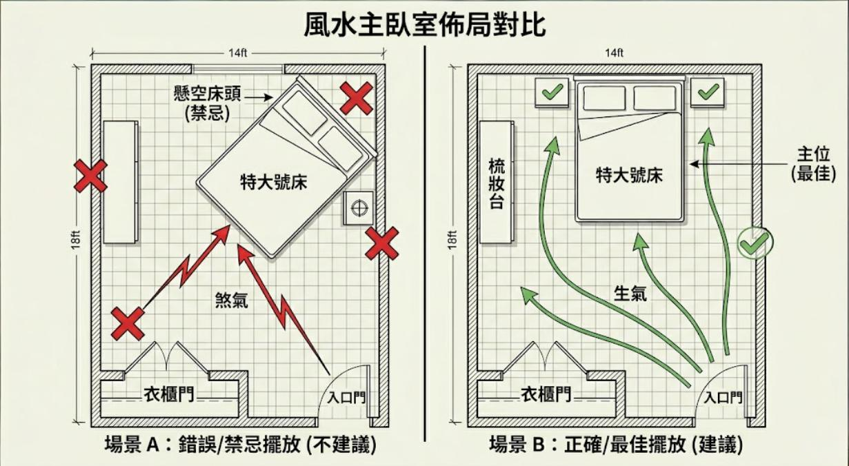 這是一張風水主臥室平面對比圖。左側展示「錯誤格局」,床鋪斜放、床頭懸空且受房門「煞氣」直衝;右側展示「正確格局」,床頭穩固靠牆,空間動線流暢並引導良好的綠色「生氣」環繞,清晰對比出最佳的主位佈局方式。