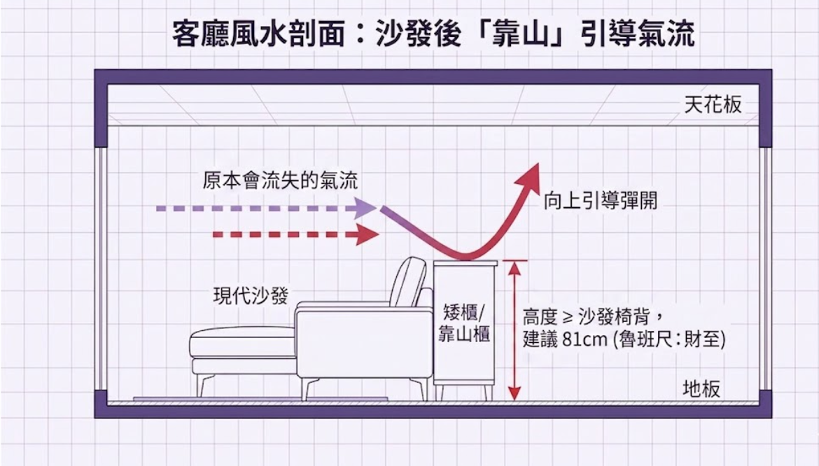 一張客廳風水剖面圖,展示如何在現代沙發後方設置高度達 81cm(符合魯班尺「財至」吉數)的靠山櫃,成功將原本會流失的氣流向上引導彈開,達成藏風聚氣的格局。