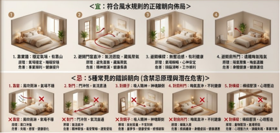 一張陽宅臥室床位擺放的風水對照圖,上半部展示床頭靠實牆等四種正確朝向佈局,下半部詳解床頭靠窗、床尾對門等五種常見的床位形煞禁忌與潛在危害。
