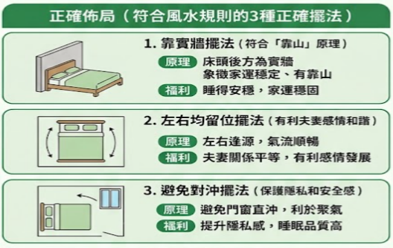一張臥室床位擺放風水圖解,展示靠實牆、左右均留位與避免門窗對沖等三種符合空間理氣的正確擺法與福利。