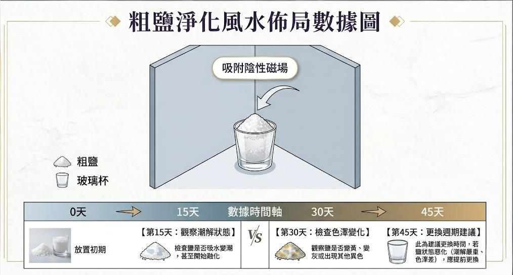 一張粗鹽淨化風水佈局數據圖,展示利用玻璃杯盛裝粗鹽放於角落吸附陰性磁場,並詳細列出從放置初期到第15天觀察潮解、第30天檢查色澤,至第45天標準更換週期的完整維護指南。