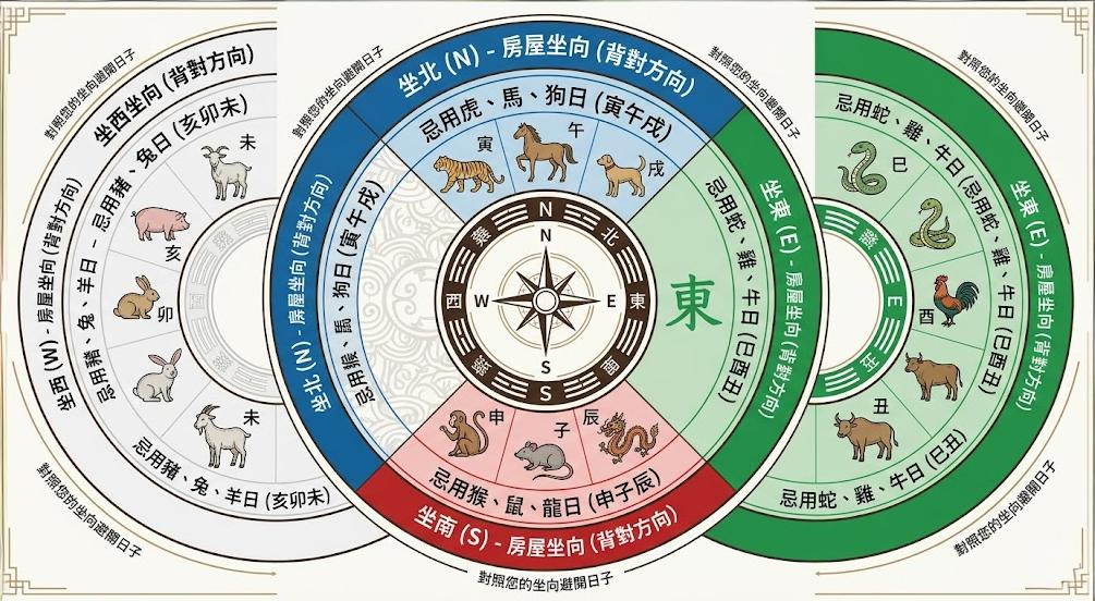 一張陽宅風水擇日羅盤圖解,詳細劃分房屋坐北、坐南、坐東、坐西四大方位,並列出各坐向在入宅或動土時必須避開的相沖生肖與地支日子。
