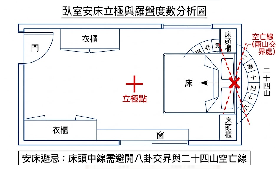一張臥室安床羅盤度數分析平面圖,精確標示空間的立極點,並重點示範床頭中線必須避開二十四山兩山交界處的空亡線。