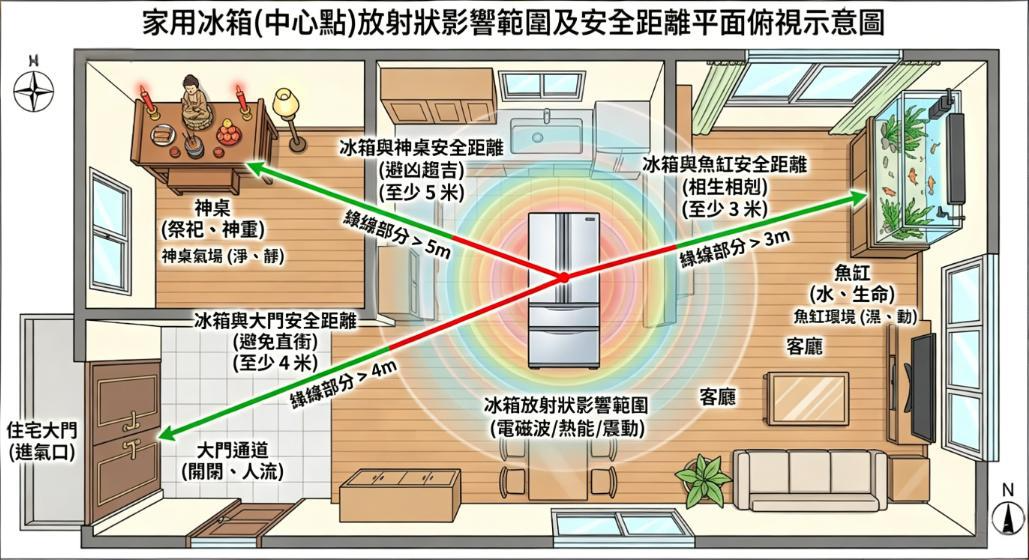 一張家用冰箱風水平面俯視圖,展示以冰箱為中心點的放射狀影響範圍(電磁波、熱能、震動),並標註與神桌(5米)、大門(4米)及魚缸(3米)應保持的安全距離建議。